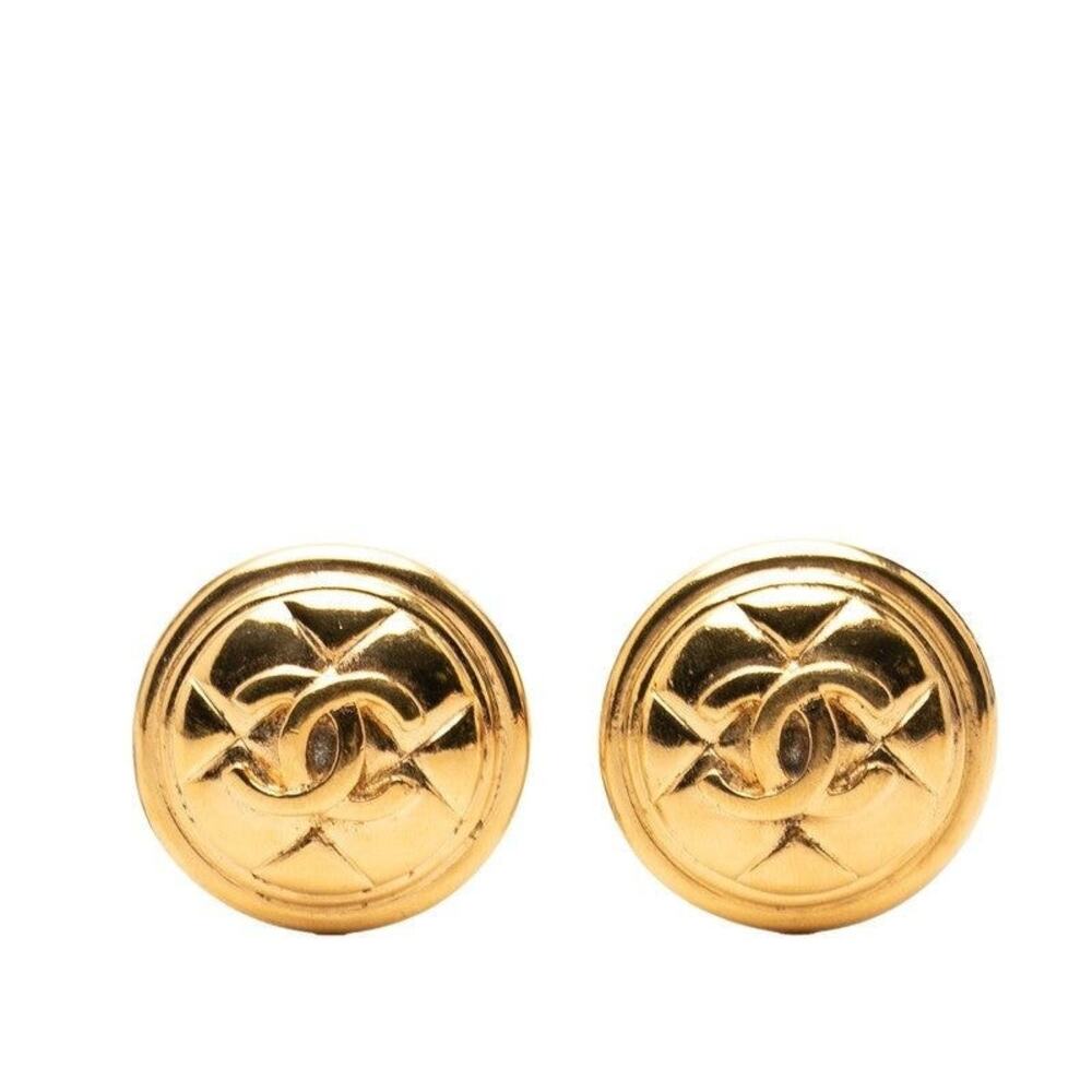 Chanel CC Logo Matelasse Round Gold Plated Earrings